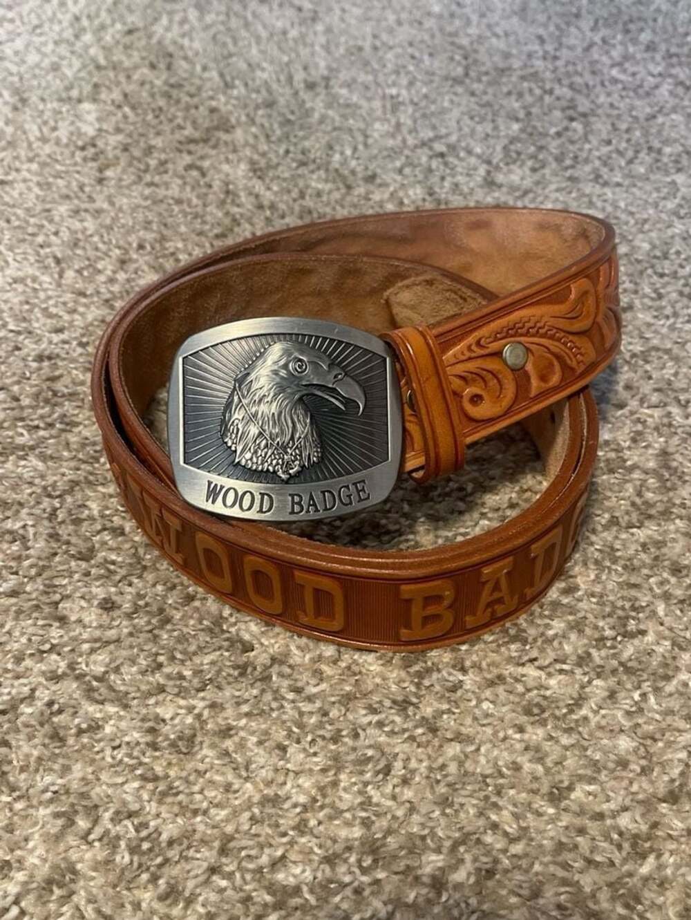 Boy Scouts of America Wood Badge Tooled Leather Belt with Eagle Buckle